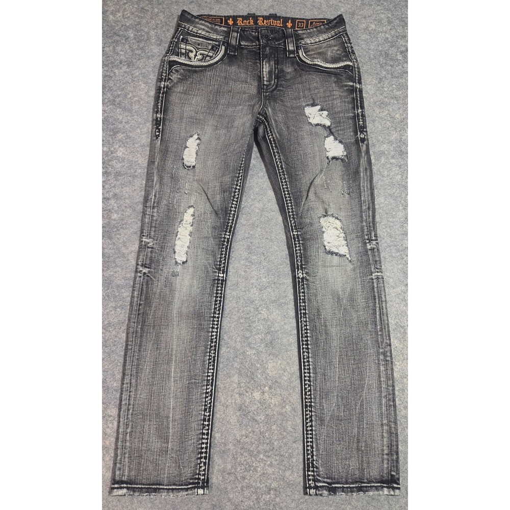Rock Revival Armie Alt Straight Distressed Jeans Mens 33 Black Gray Wash Rare
